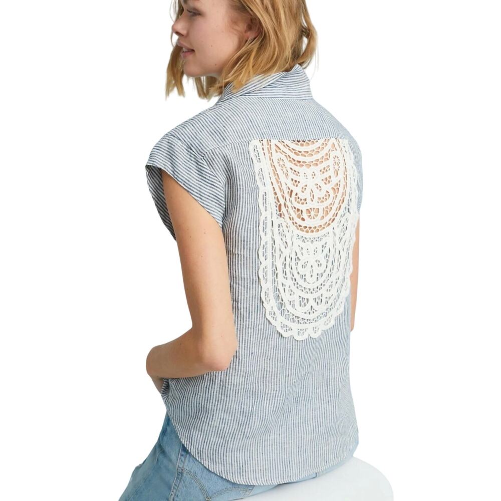 Anthropologie Maeve Blue White Striped Linen Crochet Lace Yoked Camp Shirt XS